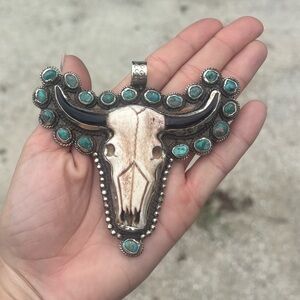 Turquoise and Silver Bull Skull Pendant